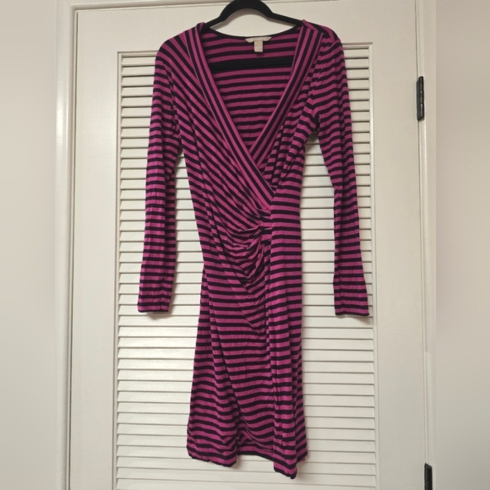 Banana Republic - Pink Black Stripe Long-Sleeve Faux Wrap Dress With Ruched